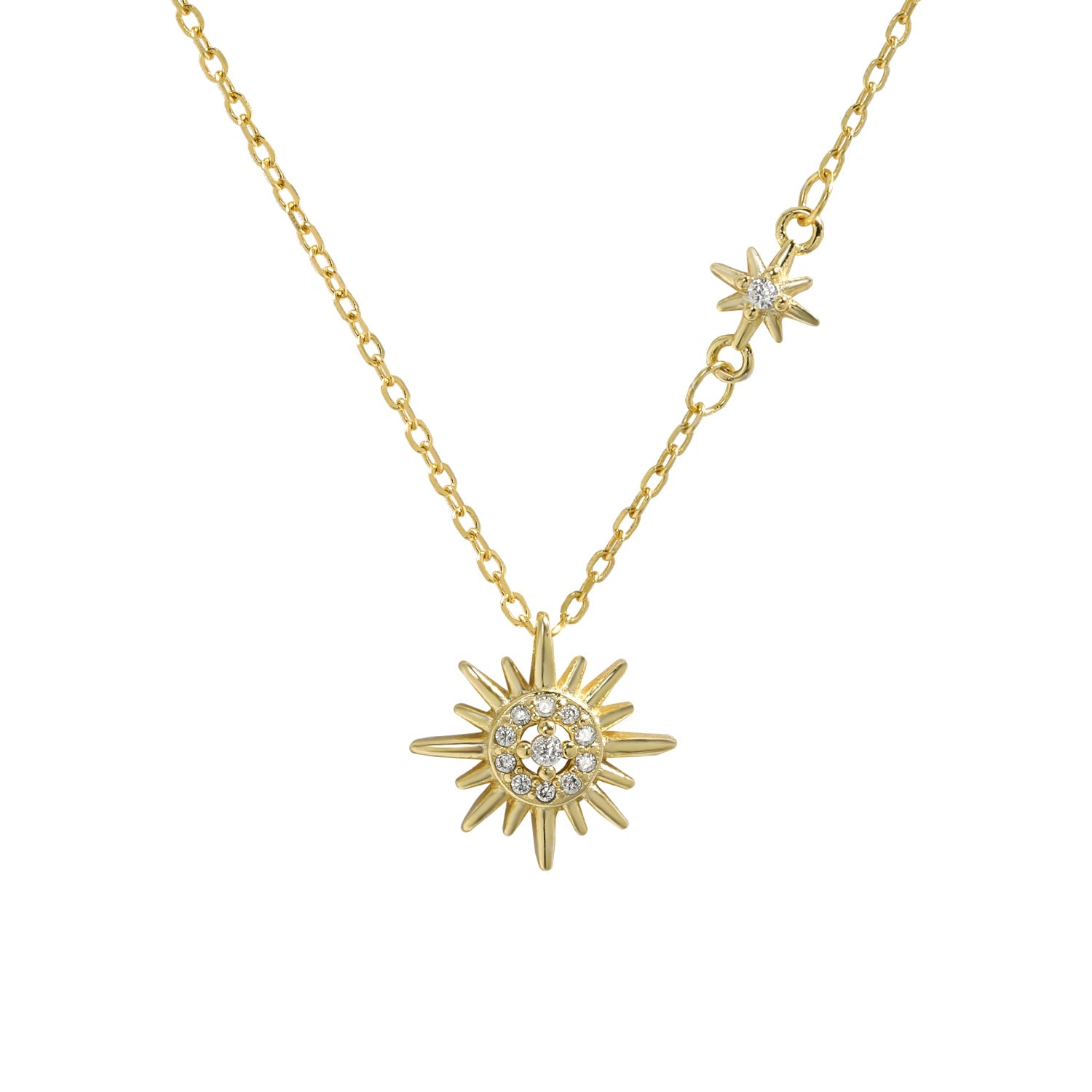 Idées cadeaux pour femme : collier double pendentif soleil plaqué or avec zircons, chic et poétique, parfait pour sublimer un look élégant ou décontracté